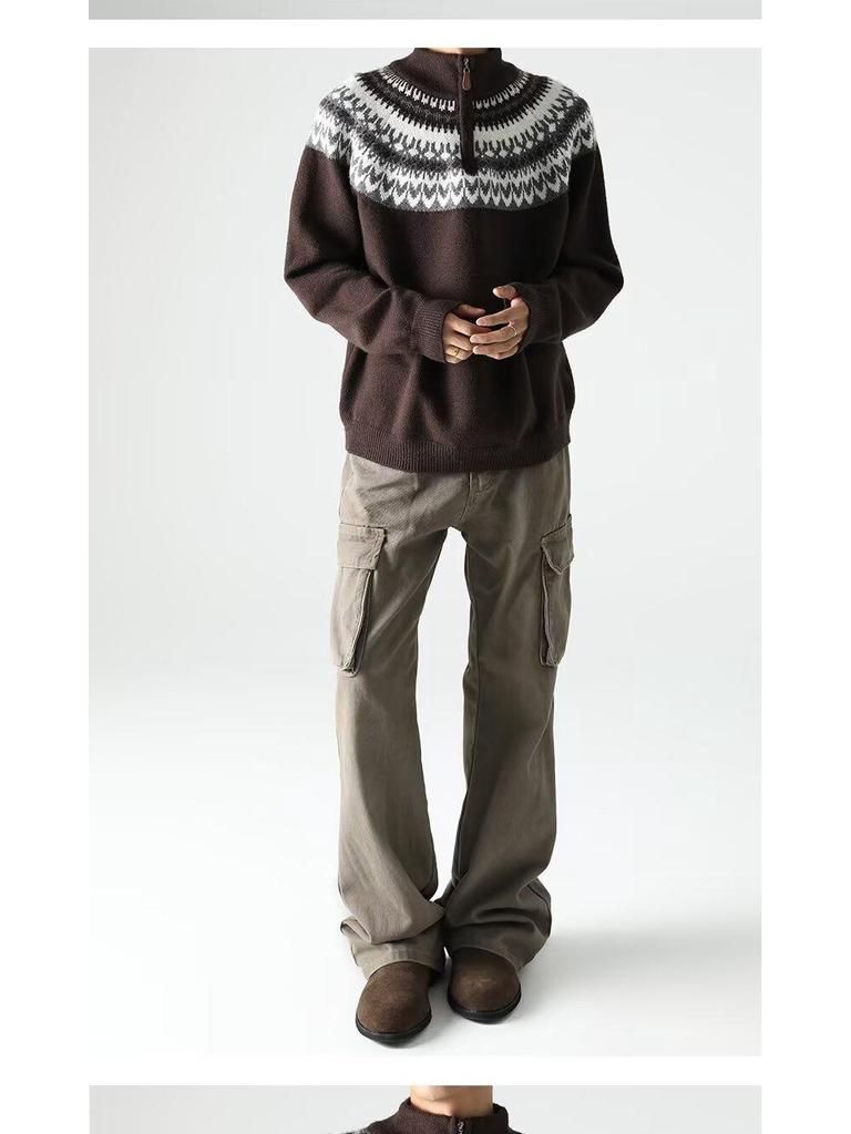 Men's Retro Jacquard Knitwear with Half-High Collar Zipper - Autumn/Winter Collection