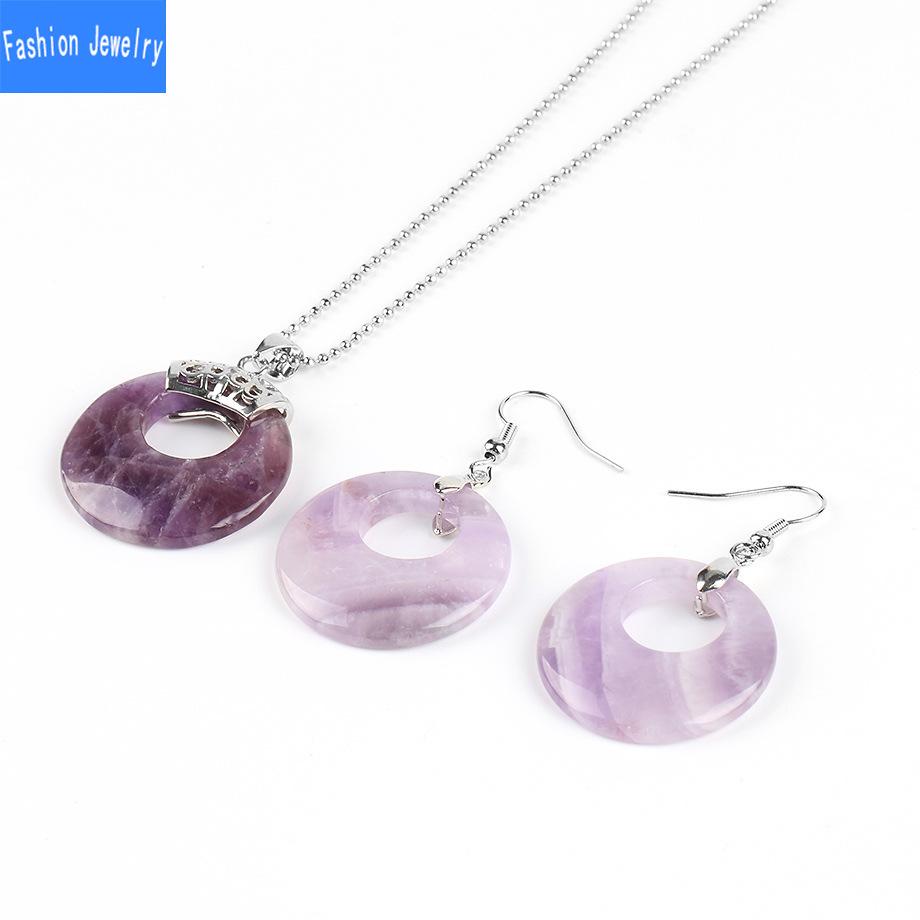Damen Naturstein Hohl Konzentrisch Rund Set Blume Grün Weiß Kristall Tigerauge Stein Ohrring Halskette Set