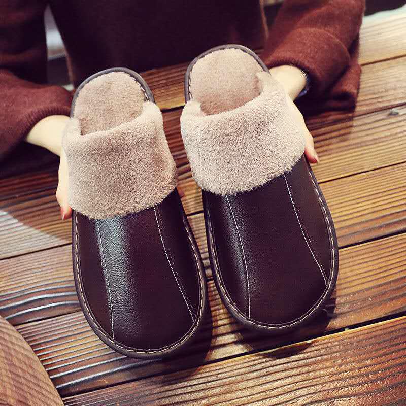 Unisex Genuine Leather Cowhide Slippers: Non-Slip, Warm Indoor Cotton Slippers for Autumn and Winter