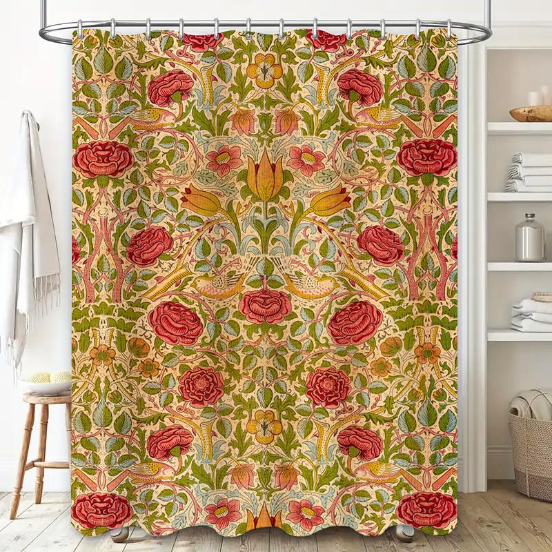 Retro Red Floral Shower Curtain Luxury Bath Decor with Green Leaf Pattern Perfect for Vintage Bathroom Design Polyester Fabric W