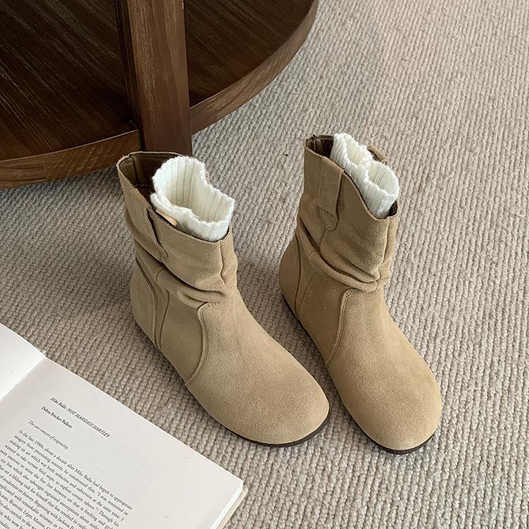 Soft Leather Retro Pleated Piled Boots Women's 2025 New Spring and Autumn Single Boots Medium Tube Thin Western Cowboy Soft Leather Short Boots
