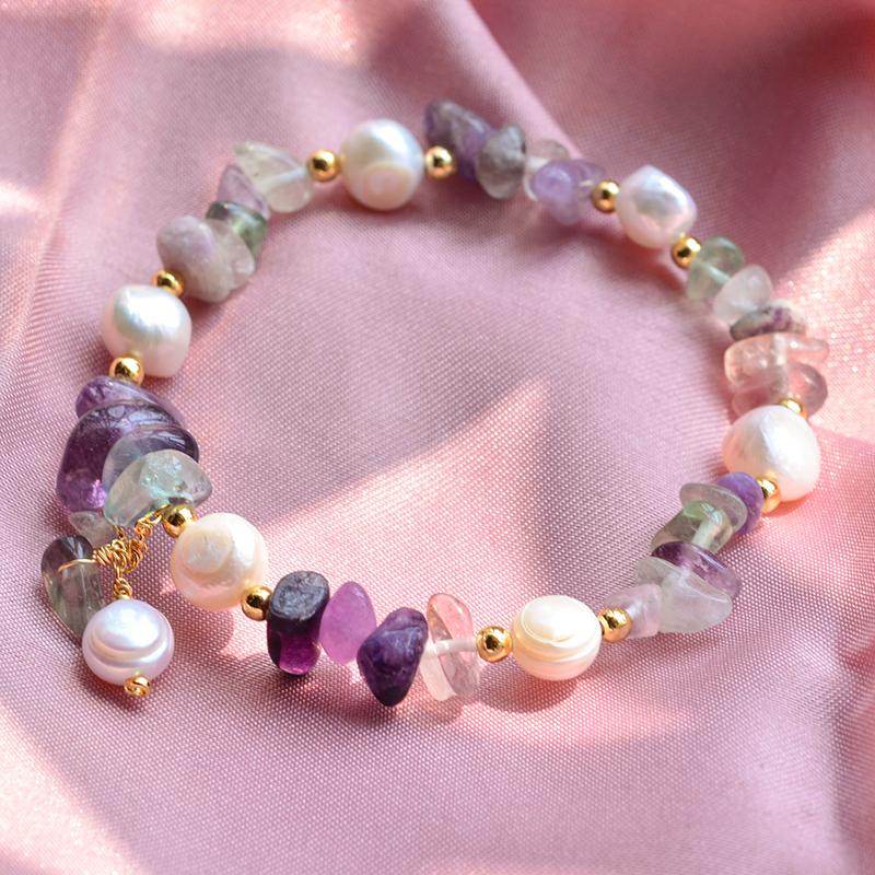 100% Natural Freshwater Pearl & Purple Crystal 14K Gold Filled Female Charm Bracelet  For Women Christmas Gifts No Fade