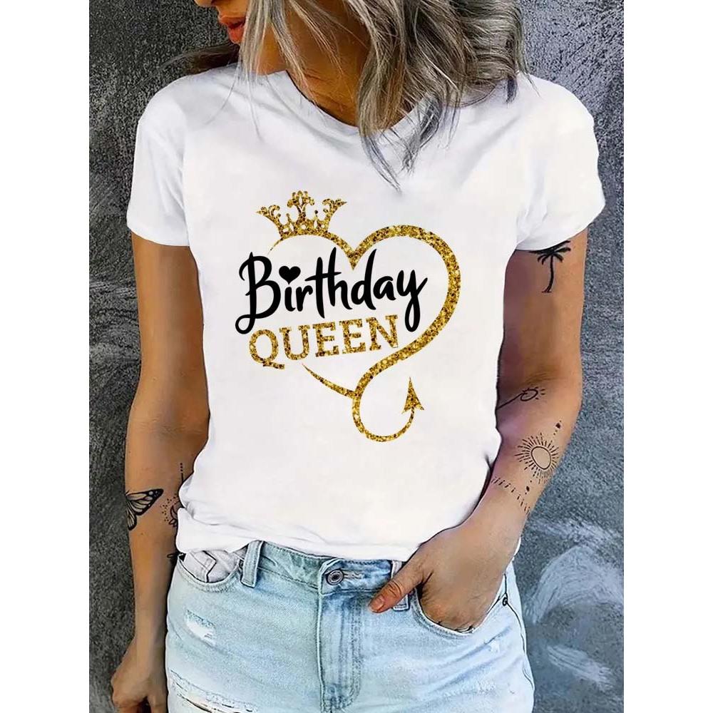 Birthday Gift for Girls Birthday Queen Graphic Print Tshirt Women's Clothing Harajuku Summer Short Sleeves Crew Neck T-Shirt