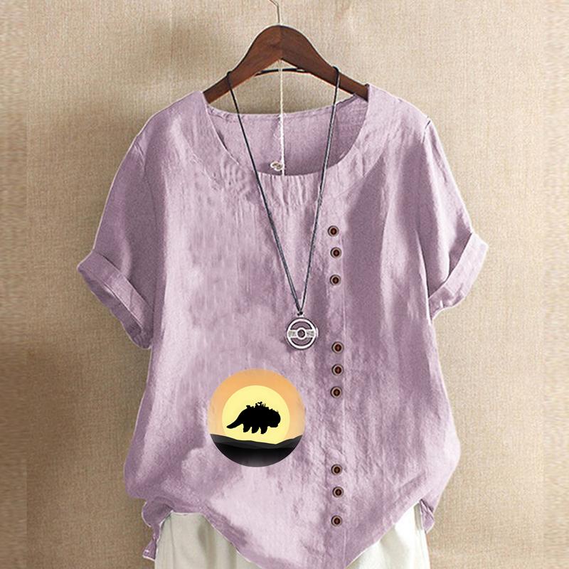 Women's Fashion Round Neck Short Sleeve T-shirt Casual Cotton Linen Graphic Shirt Shadow Prined Summer Blouse Tops Plus Size