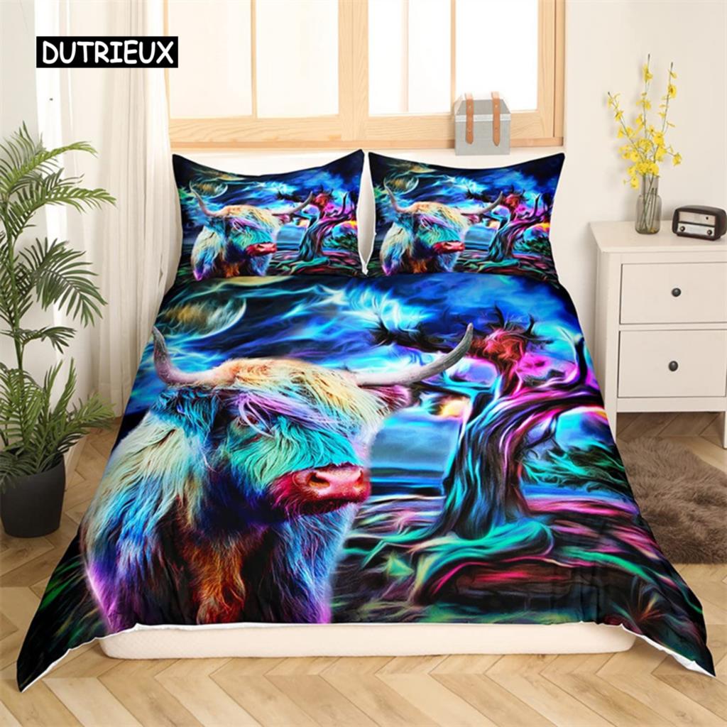 

Пододеяльник с изображением коровы в стиле хайленд-коула, комплект постельного белья Western Farm Animal Full King для мальчиков и девочек, микрофибра, цветочный постельный комплект с изображением быка и крупного рогатого скота EU single(135x200cm)