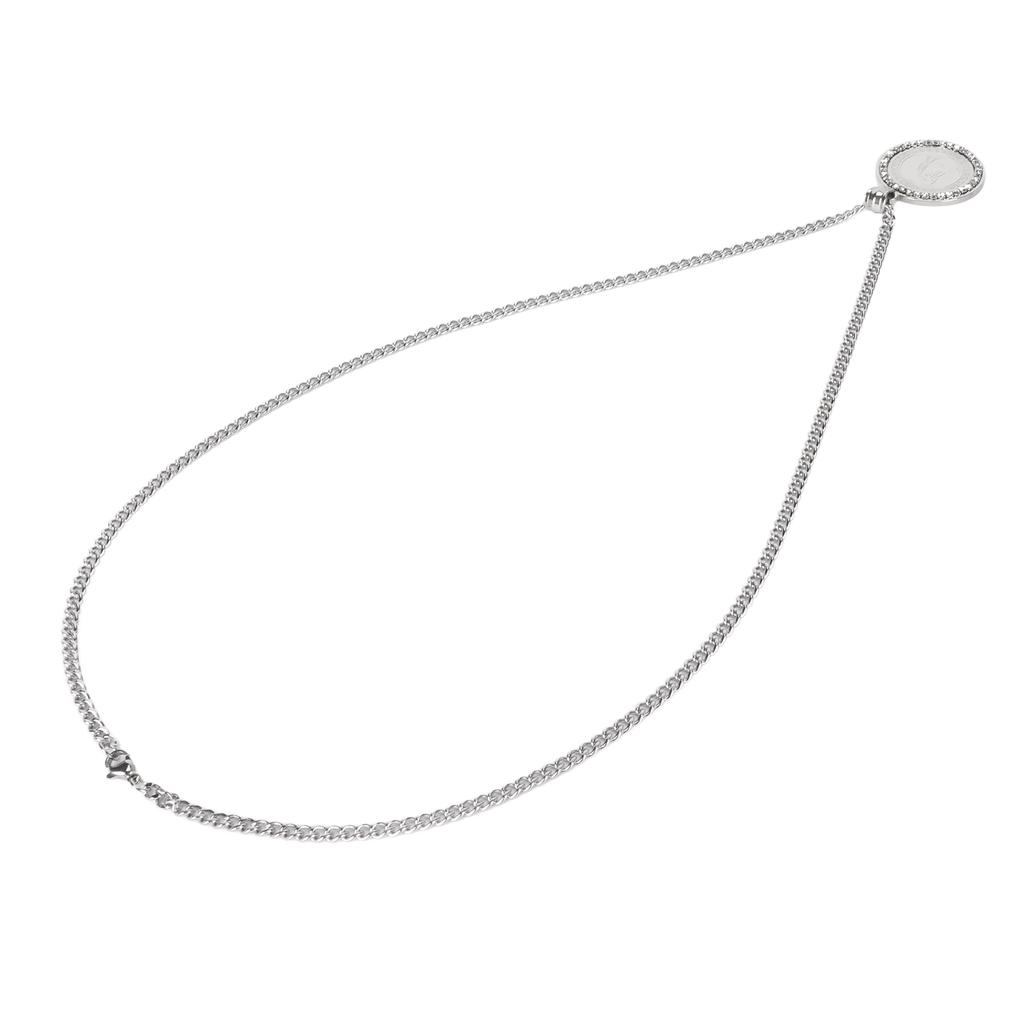 Round Engraved Pendant Necklace Men Women Fashionable Stainless Steel Rhinestone Pendant Necklace Steel Color