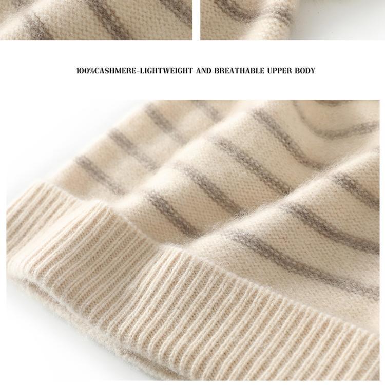 Women's Striped Cashmere Beanie with Ear Protection - Warm, Trendy Autumn/Winter Hat with Pom Pom