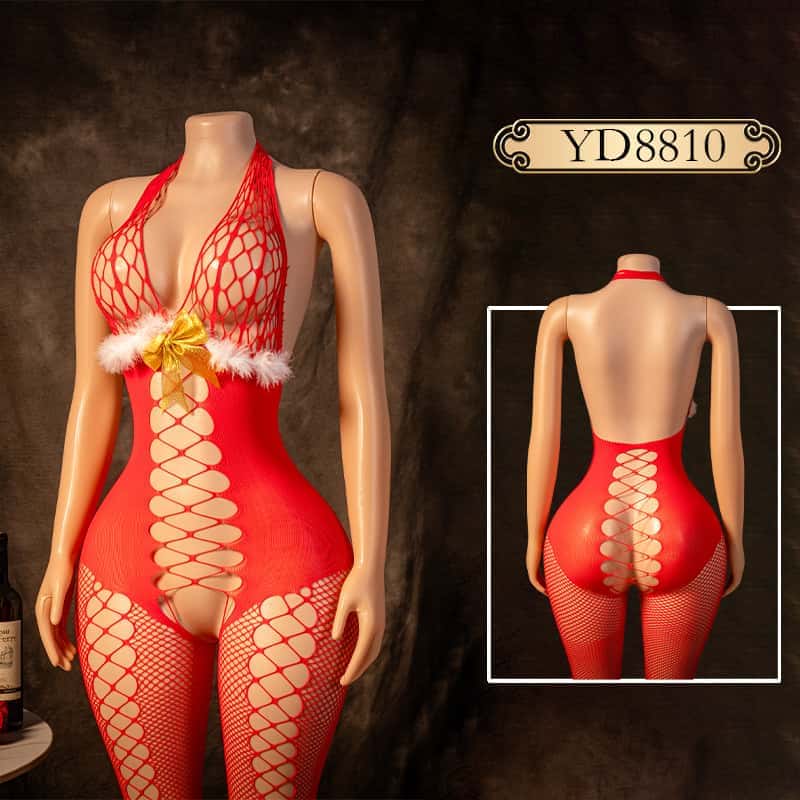 Women Christmas Red Santa Claus Cosplay Costumes Fishnet Lingerie Body Stockings Exotic Adult See Through One-pieces BodySuit Erotic Bodystocking Sexy