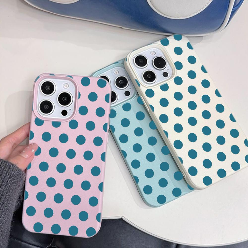 Mint Blue Polka Dot Leather Texture Soft Case for iPhone 17 17E 16 15 14 13 12 11 Pro Max Minimalist Shockproof Cover