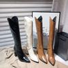 PU Leather High-heeled Knight Boots Women's Fashion V Mouth Pointed Toe Knee High Boots Khaki Sexy 8cm Square Heel Women Shoes