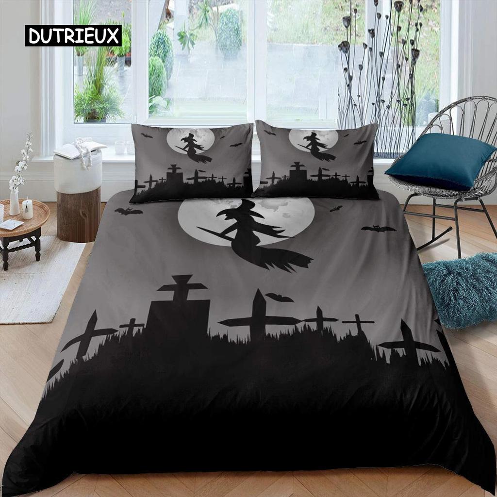 Pościel Królowa Król Motyw Horroru Poszewka na Kołdrę Gotycka Upiorna Poliester Poszewka na Kołdrę Gałęzie Szara Poszewka na Kołdrę Drzewo Halloweenowe