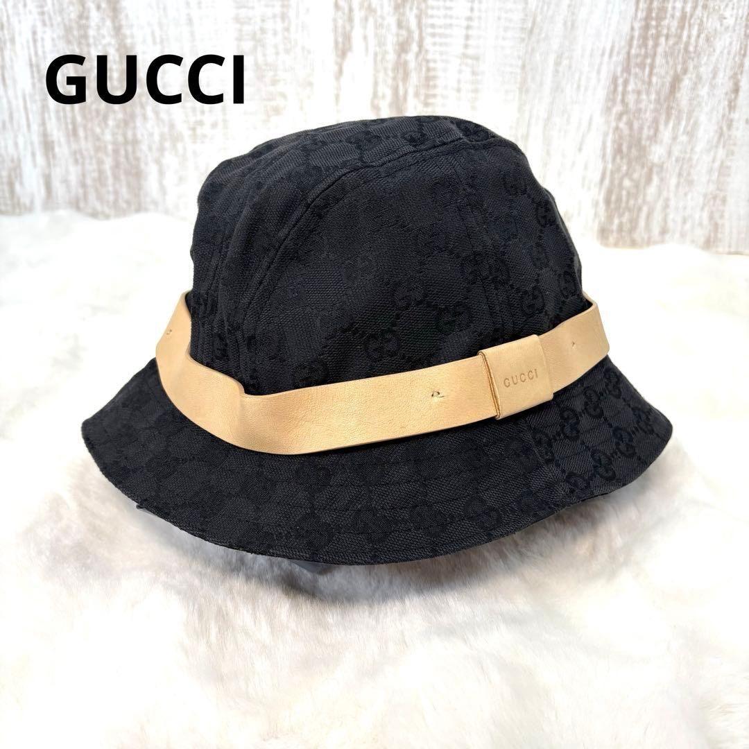 Used GUCCI GG all over pattern leather ribbon canvas bucket hat hat black