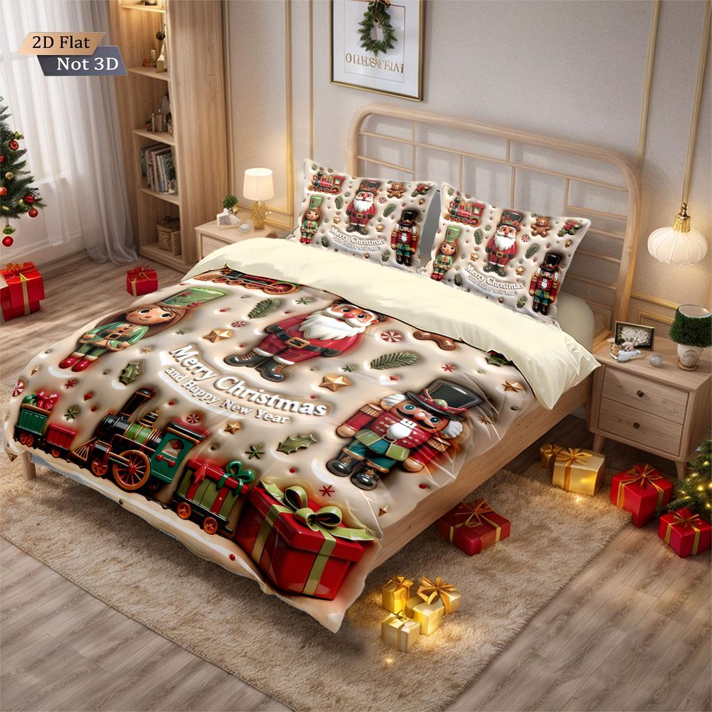 3-teiliges Bettwäscheset ohne Füllung mit Imitationsrelief-Weihnachtsmann-Druck, weich für Schlafsaal-Schlafzimmer, mehrere Größen, maschinenwaschbar
