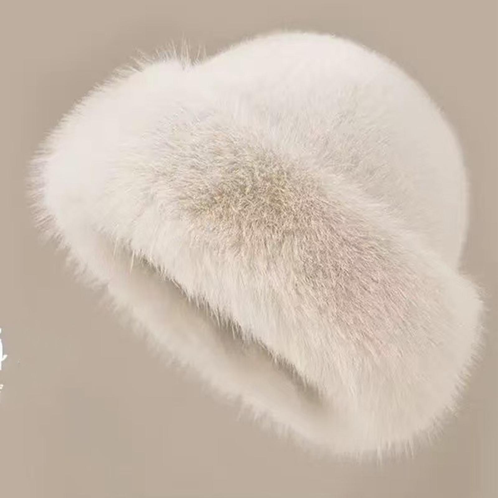 

Thick Warm Fluffy Fur Bucket Hat Solid Color Plush Winter Cap Brimless Imitation Mink Fur Cozy Beanie For Cold Weather One Size бежевий