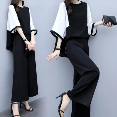 Women's Spring and Summer Two-piece Pants Stitching Loose Top Wide-leg Pants Casual Fashion Suit Women