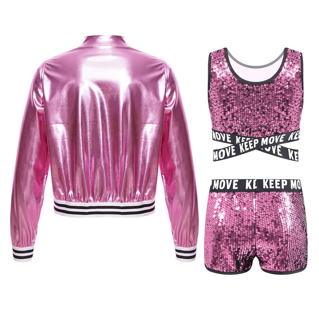 Kids Girls Sparkling Sequined Dance Costume Sleeveless Crisscross Strap Crop Top with Shorts and Metallic Jacket