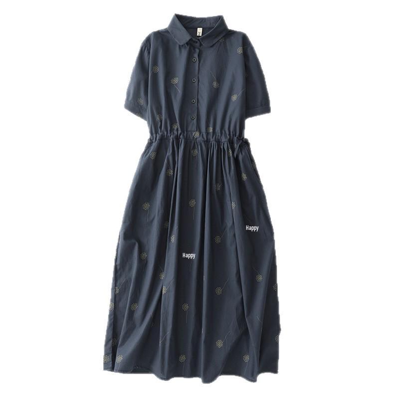 2026 Summer Women's High-End Chinese Style Cotton Linen Shirt Dress - Waist-Cinched, Slimming, Mid-Length Skirt