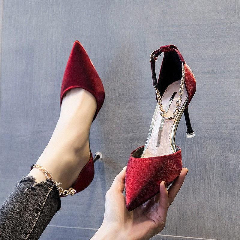 Red-soled high heels, sexy satin one-word buckle pointed rhinestones, red spring stiletto dress women's single shoes