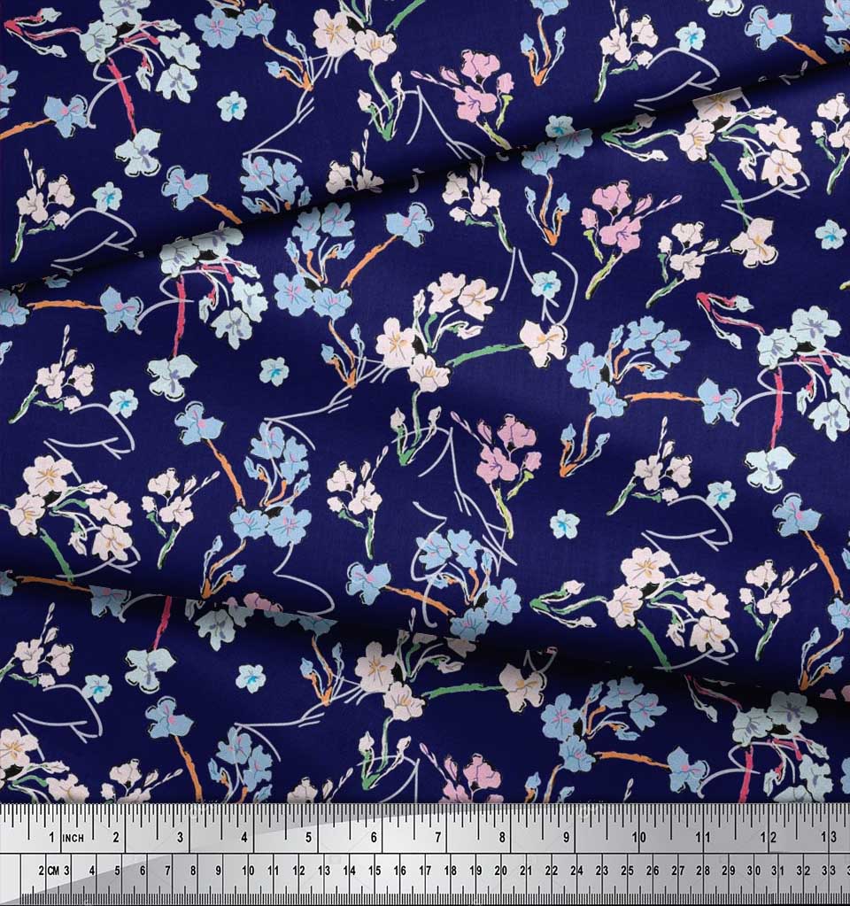 Soimoi Japan Crepe Satin Fabric Artistic Floral Print Fabric by metre 42 Inch