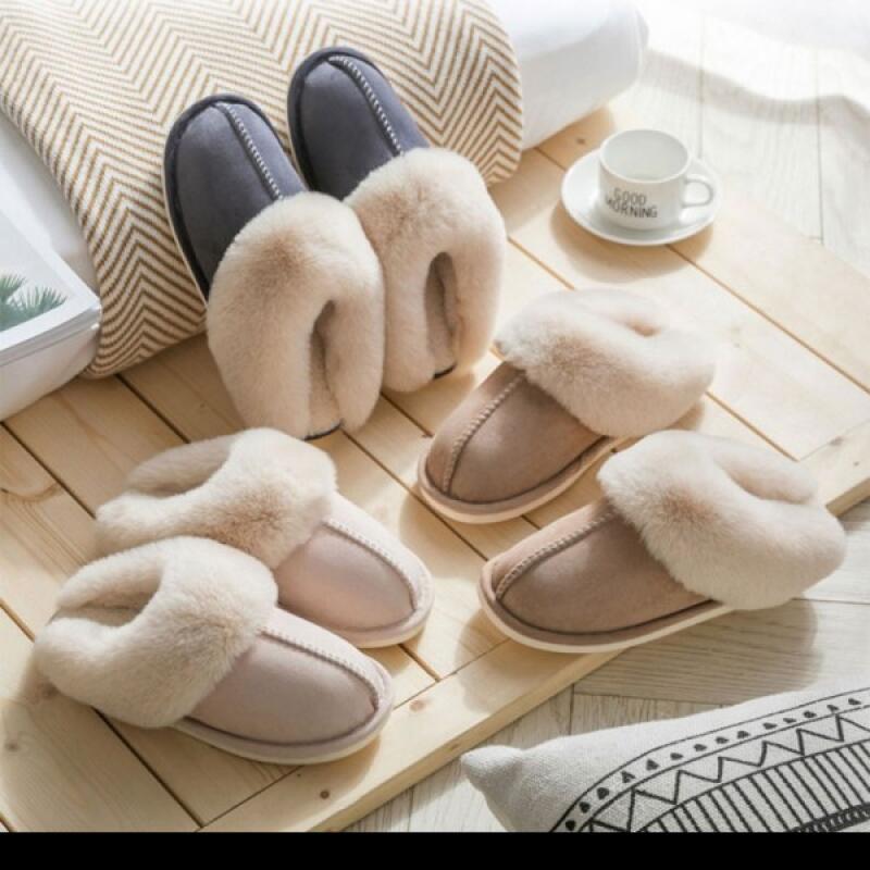 

Suede fur slippers with back band, winter warm fur slippers Wine M