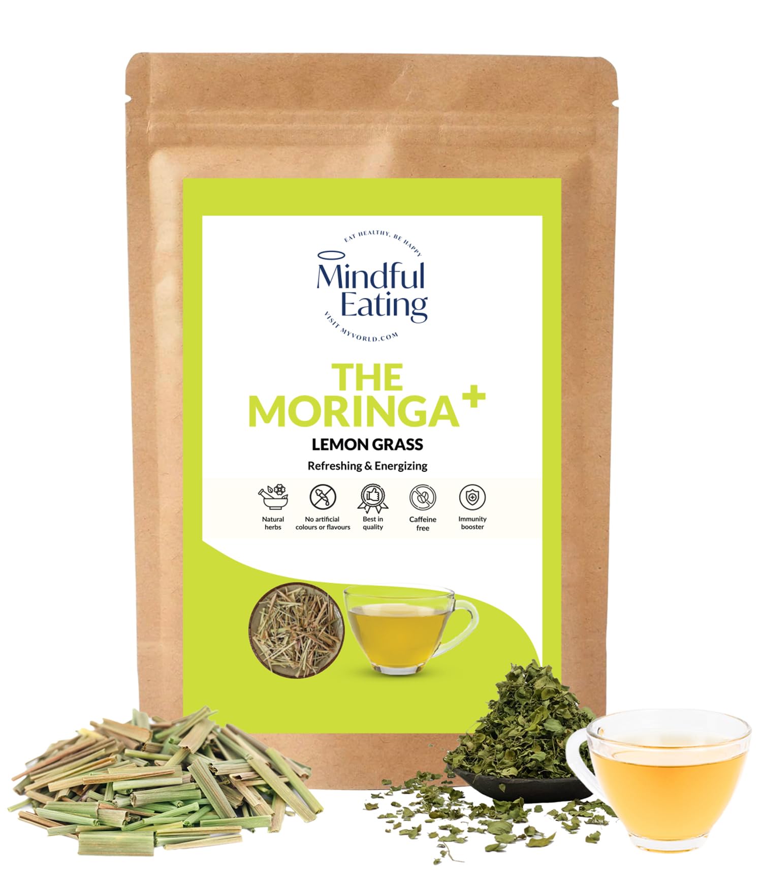 Mindful Eating Pure Moringa Leaves Tea Blended with Lemongrass - Herbal Tea, Natural Ingredients, Dried Drumstick Tree Leaves, Immunity Boos