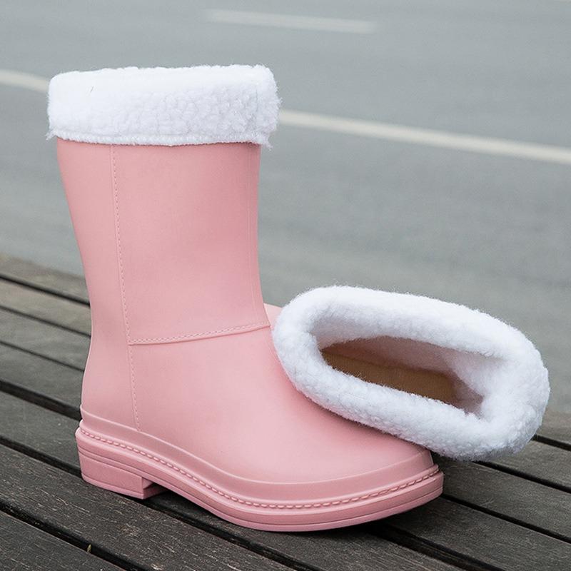 Waterproof rain boots medium tube velvet rain shoes women wear non-slip students warm rubber shoes wear-resistant work water shoes winter