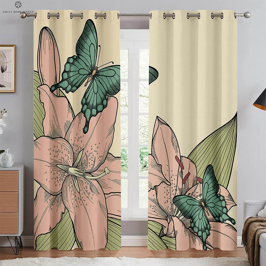 Vorhänge mit floralem Schmetterlingsdruck, Pastoraler Stil, Dekorative Vorhänge, Schlafzimmer, Wohnzimmer, Küche, Fenster