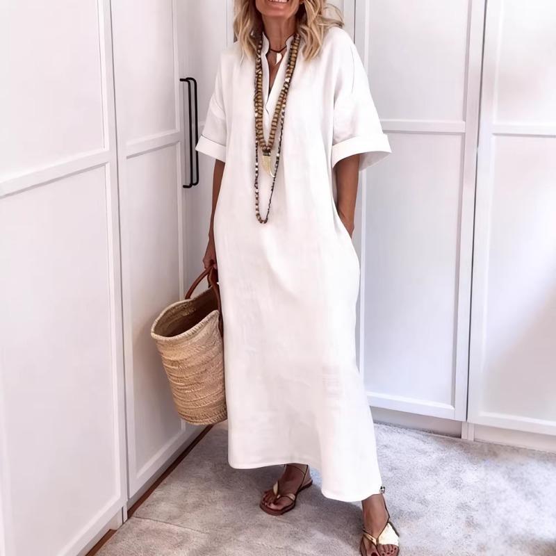 Women's White Linen-Look Maxi Dress Casual Stand Collar Half Sleeve Loose-Fit Tunic Dress