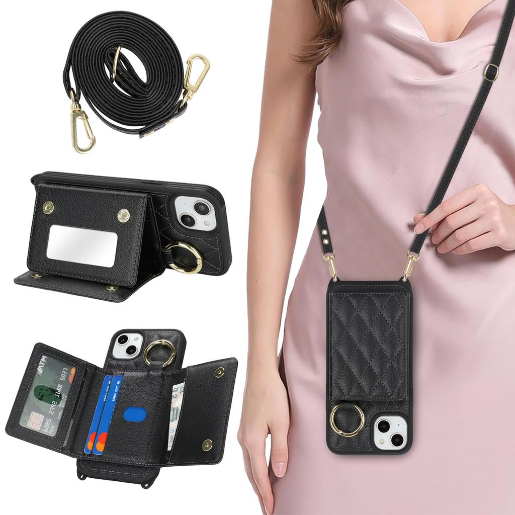 For iPhone 14/13 Case with Lanyard/Mirror/Card Holder Grids Pattern RFID Blocking Phone Cover