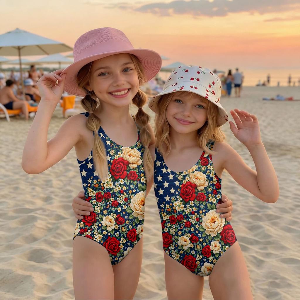 Mädchen Badeanzug Einteiler Unabhängigkeitstag Print Ärmellos Lässig Badebekleidung für Kinder Sommer Strand Pool Kleidung
