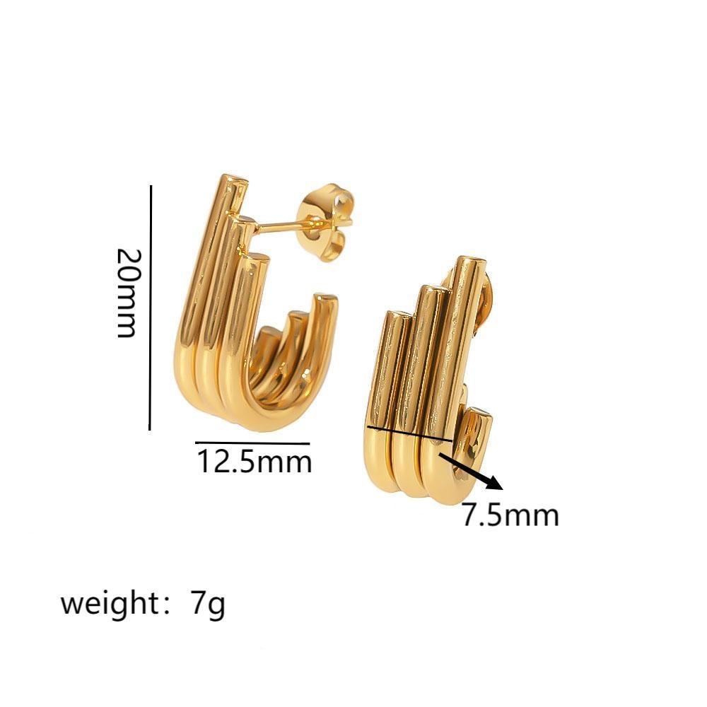 Simple Exqusite Classic Gold Plated Geometric Three Lines Chains Earrings Stainless Steel C-shaped Stud Earrings Daily Woman