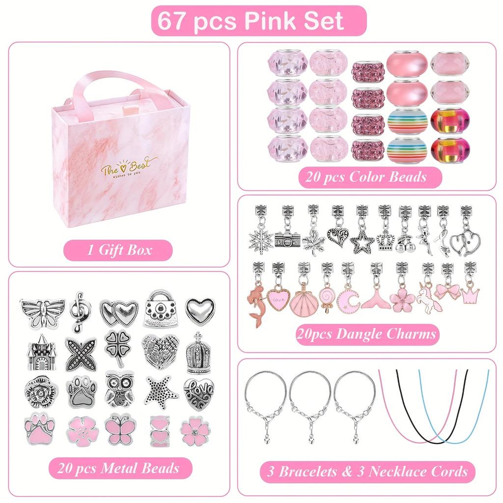 67pcs Pink Series Beaded Jewelry Making Supplies Jewelry Bracelet Making Kit, Beaded Jewelry Making, Birthday Pink Craft Gifts