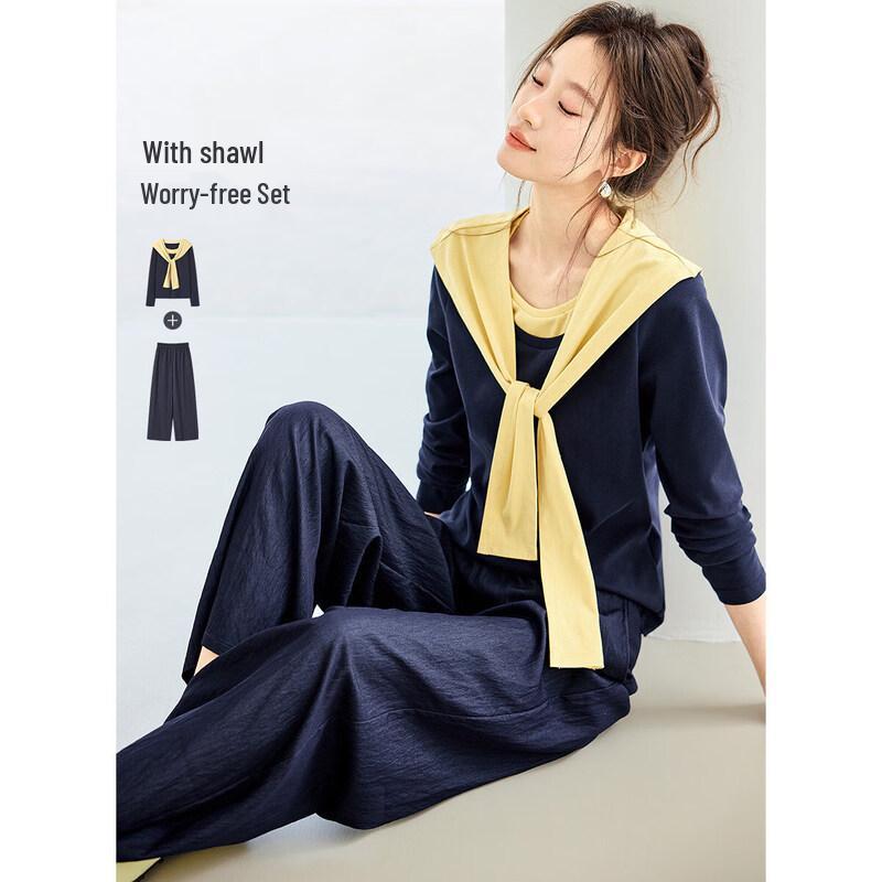 

Women s Contrast Shawl T-Shirt & Wide-Leg Pants Set L