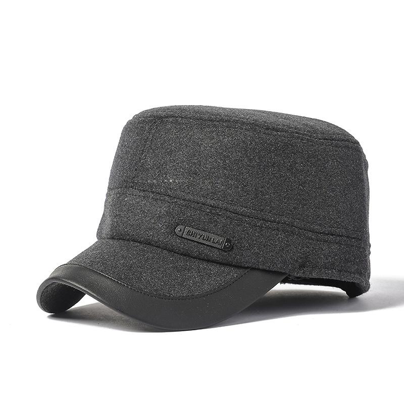 Autumn Winter Hat Men's Velvet Thick Military Caps Wool Dad Hat Middle-Aged and Elderly Outdoor Windproof Ear Protection Warm Flat Top Hat