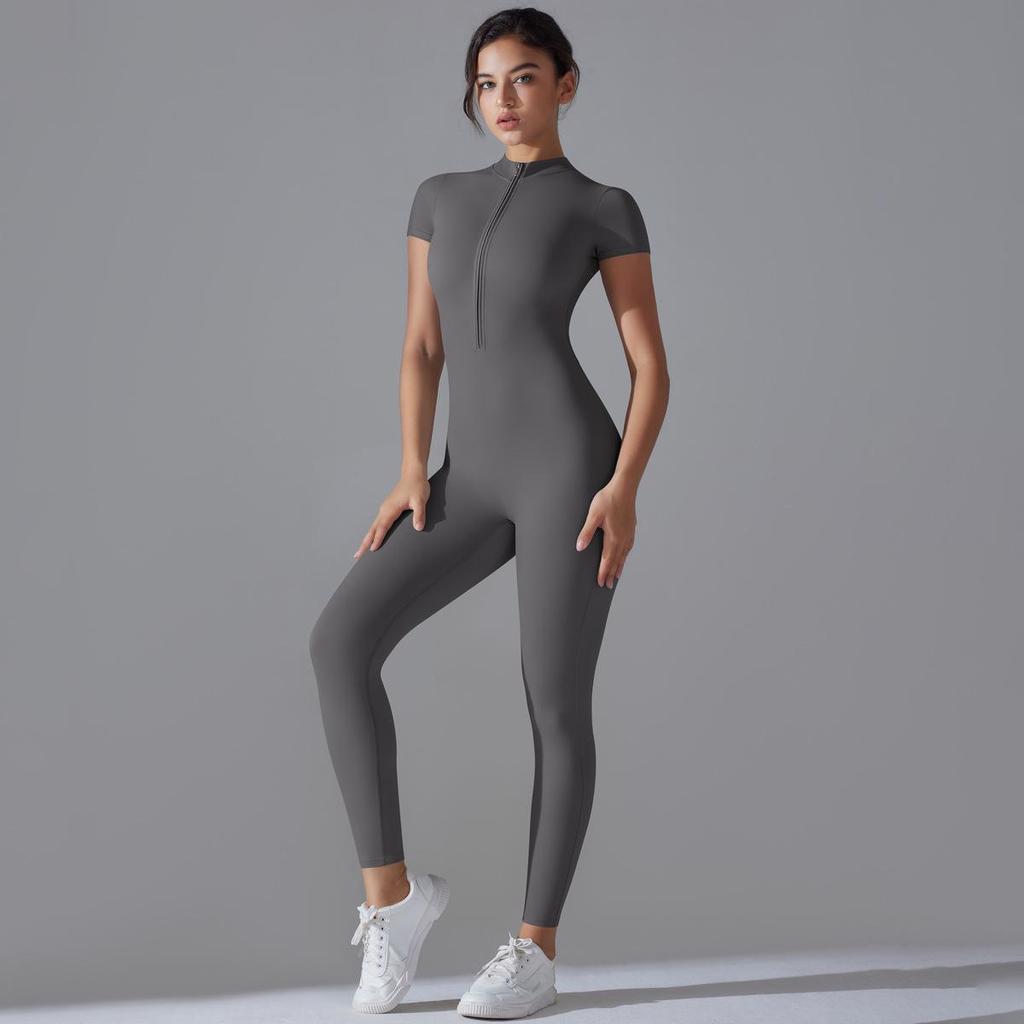 Solid Color High Elastic Half-Zip Short Sleeve Bodysuit for Sexy Fitness