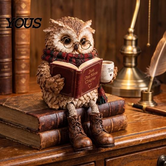 Dekorative Figur für Weihnachten Lesende Eule Figur, Statue mit offenem Buch Brille Schal und Stiefeln, Harz Tierstatuen Regale Skulptur