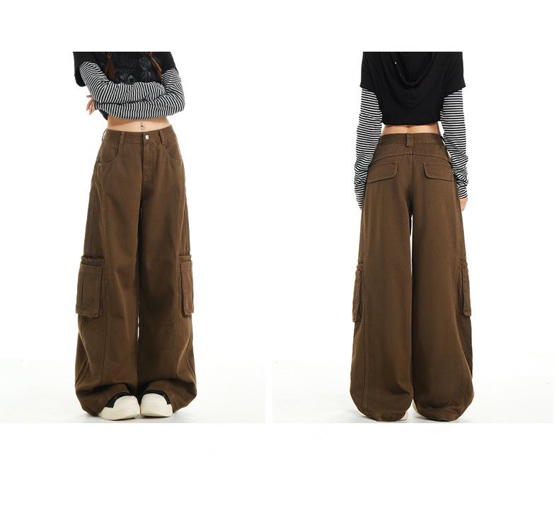 Women's Army Green Loose Cargo Jeans - Spring Style, Slim Fit, Wide Leg, Large Pockets