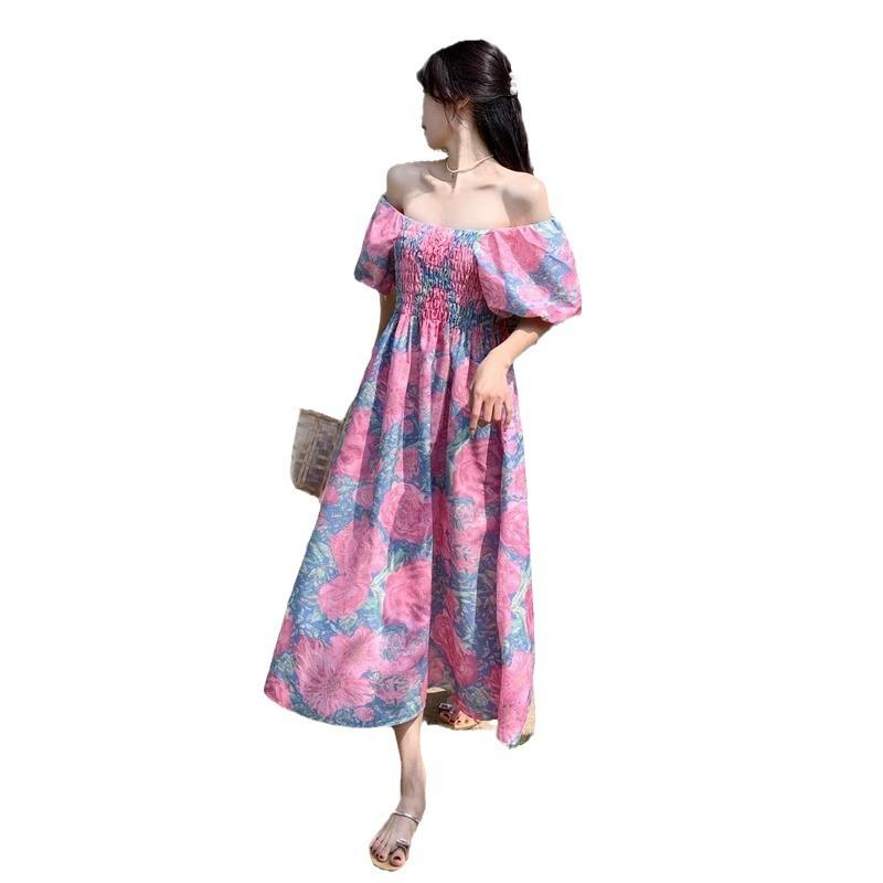 Large size French square collar holiday style skirt dress women's summer new fat MM lantern sleeve floral dress