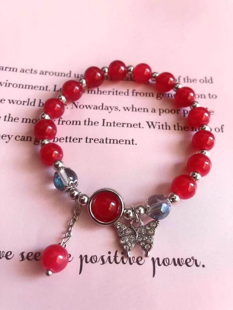 New Women's Mori Style Butterfly Glass Bracelet with Colorful Crackle Beads
