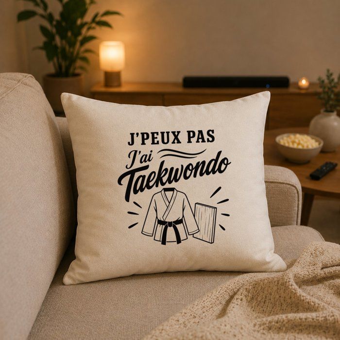 Housse de Coussin J’peux pas j’ai Taekwondo J'peux pas minimaliste | Coton Canvas Fairtrade 305 g/m² Zip Invisible Taille 40×40 cm