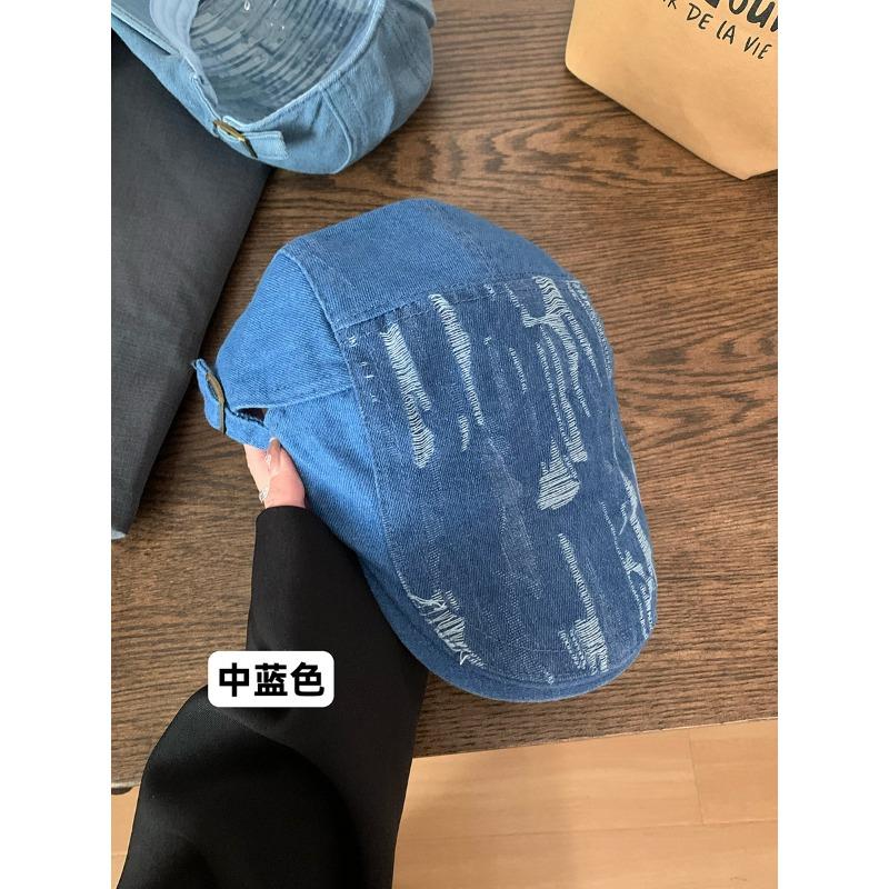 Retro Ripped Denim Forward Hat Women's Spring and Autumn Versatile Face Peaked Hat Men's Fashion Styling Beret