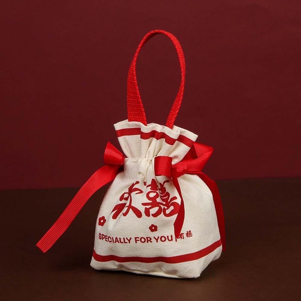 Letter Canvas Drawstring Bag Floral Bowknot Handbag Elegant Festive Sugar Bag Party