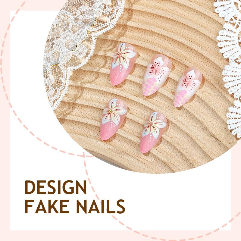 Press-on Nägel Mandel Falsche Nägel Französische Spitze Künstliche Nägel mit Design Glänzend Vollabdeckung Acryl Klebenägel Künstliche Aufklebernägel für Damen 24 Stück