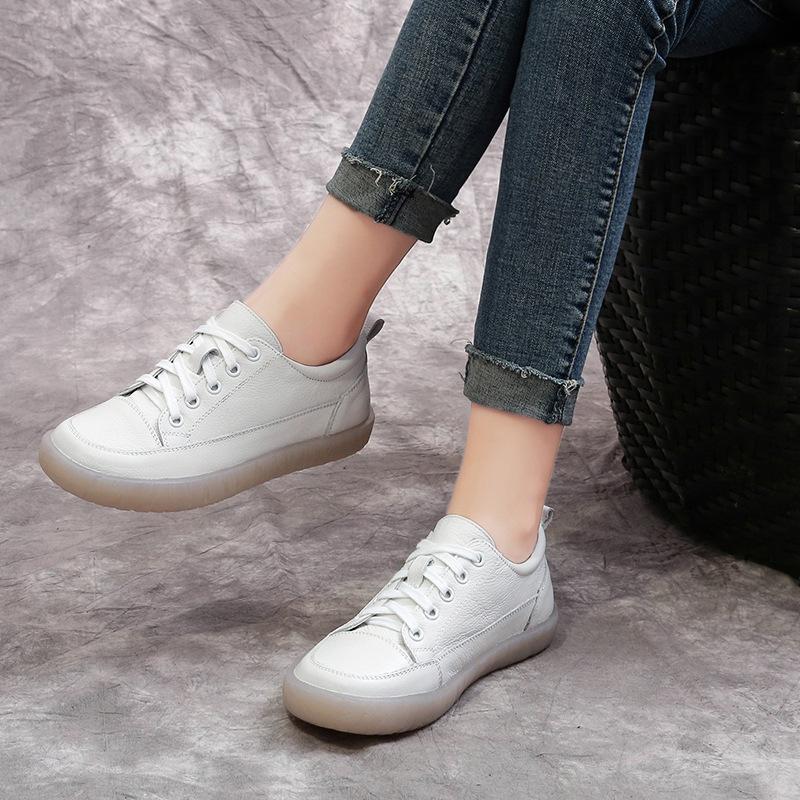 Fashion GKTINOO 2025 New Spring Women Flat Shoes Lace Up Round Toe Genuine Leather Flats Women Casual Shoes Soft Bottom Ladies Shoes