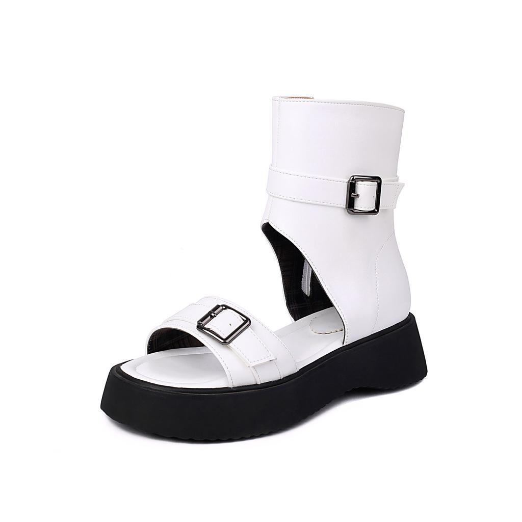 Spring and Summer Y Supply Is Comfortable, Medium Heel Thick Bottom Large Size Round Head Belt Buckle Women's Cool Boots