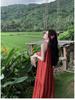 2025 Summer Retro Red Halter Dress: Elegant Long Dress for Travel Photography