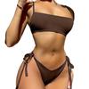 European & American Tie-Up Bikini Set: Sexy Solid Color Ribbed Swimsuit for Women