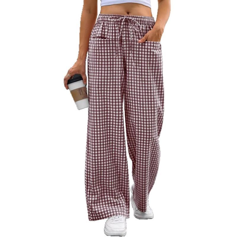 2026 Womens High Waisted Wide Leg Plaid Drawstring Loungewear Pants