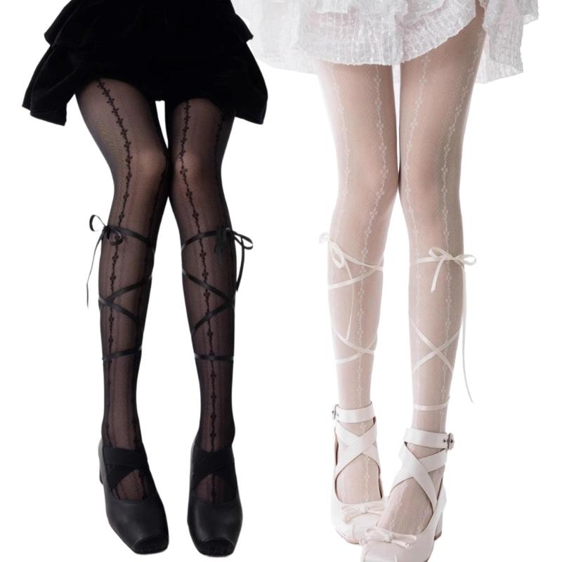 Women Japanese Style JK Sweet Ribbon Bowknot Silk Tights Stockings Sweet Crisscross Ties Bandages Spliced Pantyhose