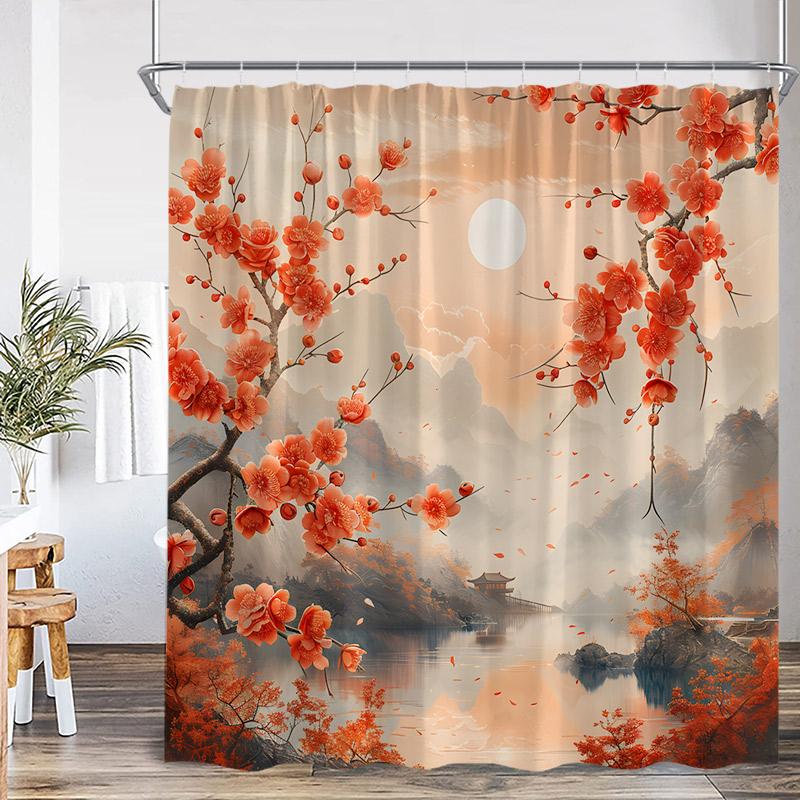 Japanese Style Shower Curtain Pink Cherry Blossom Floral White Crane Mountain Koi Carp Ink Scenery Modern Bathroom Curtain Decor